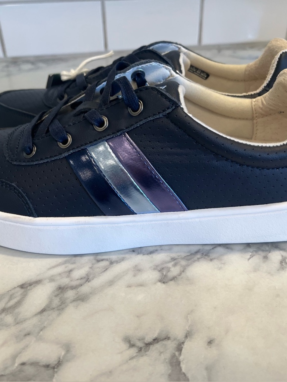 REVITALIGN Navy Sneakers with Iridescent Stripes